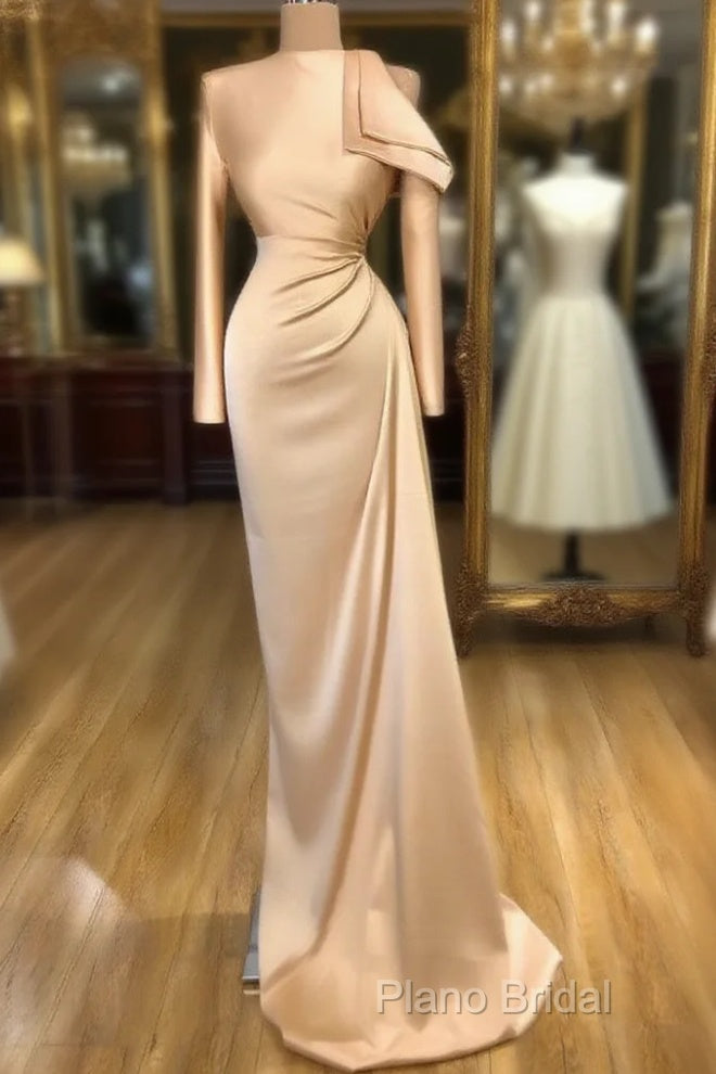 Modest Long Sleeves Ruched Mermaid Formal Prom Dresses With Cool Shoudler