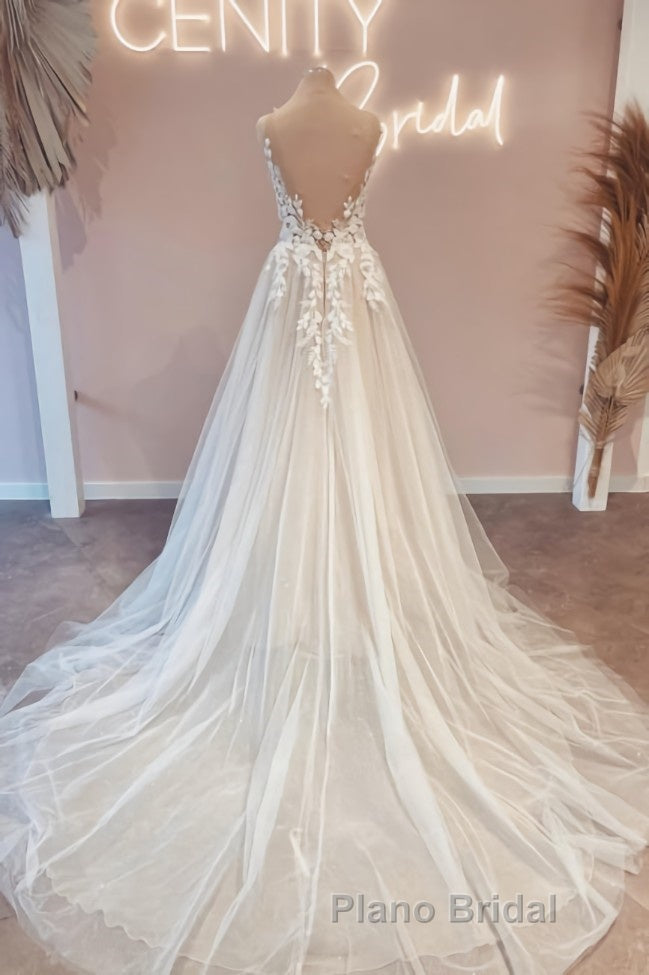 Modest Long V-Neck Sleeveless Lace Backless Wedding Dresses Online Secondary image
