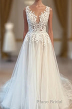 Modest Long V-Neck Sleeveless Lace Backless Wedding Dresses Online