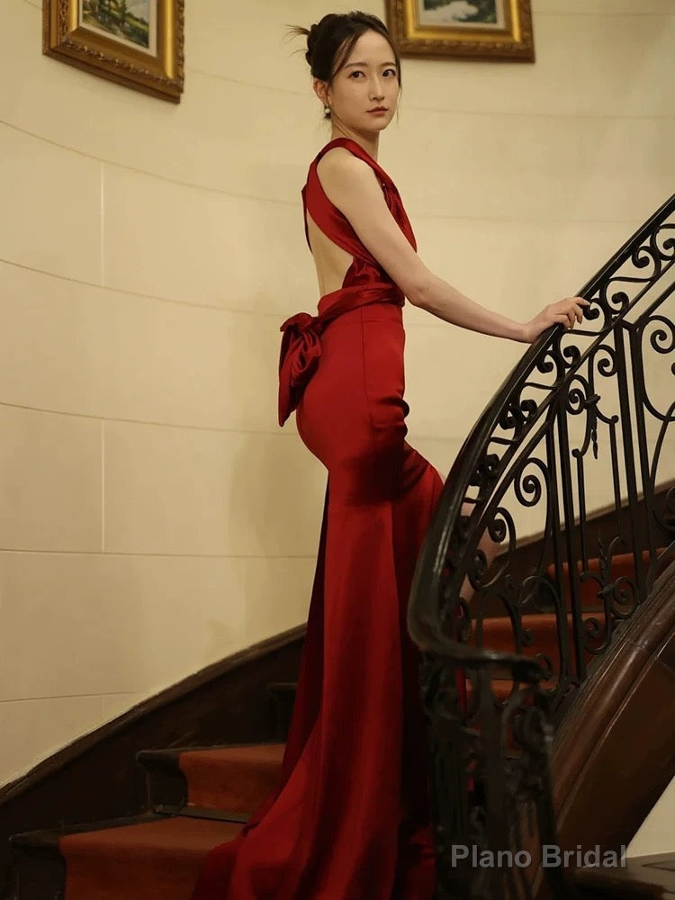 Modest Mermaid Backless Red Floor Length Evening Dress Satin Prom Dresses Secondary image