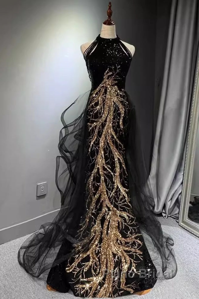 Modest Mermaid Halter Long Black Formal Prom Dresses Secondary image