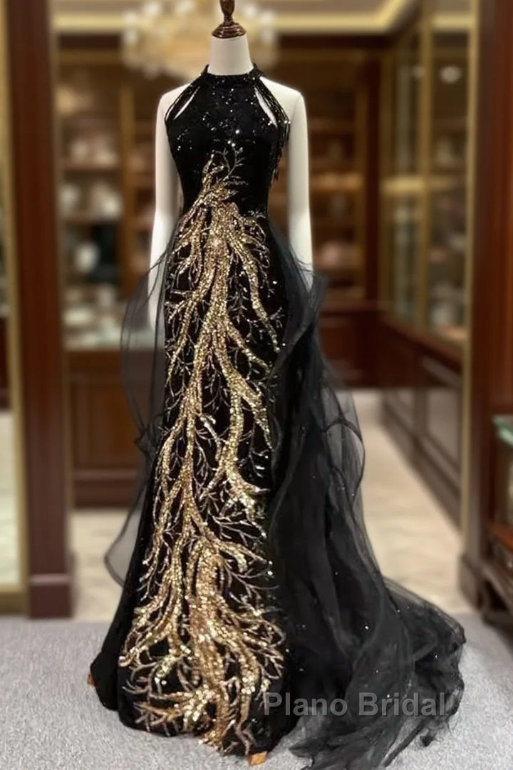 Modest Mermaid Halter Long Black Formal Prom Dresses