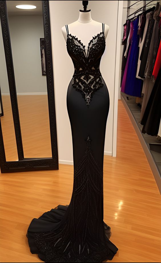 Modest Mermaid Lace Black Formal Prom Dresses Long Formal Prom Dresses
