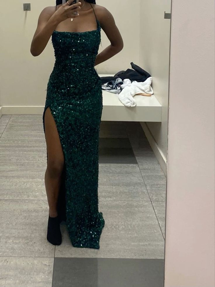 Modest Mermaid Long Dark Green Sequin Slit Formal Prom Dresses Main image