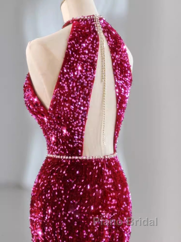 Modest Mermaid Long Sleeveless Sequin Formal Prom Dresses