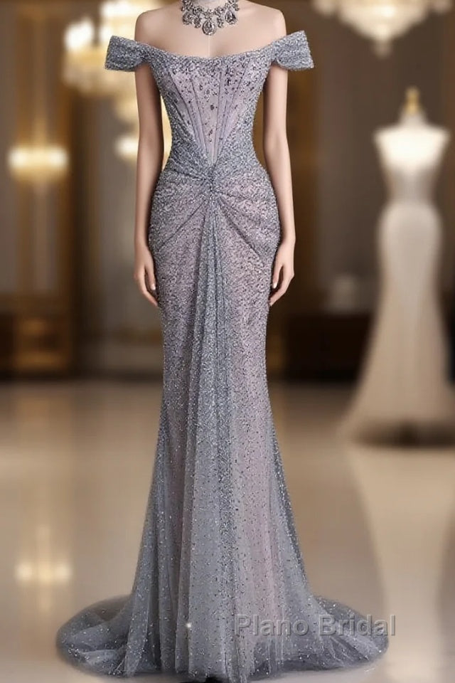 Modest Mermaid Off The Shoulder Sequin Long Formal Prom Dresses Formal Graduation Party Dresses Evening Dresses Main image