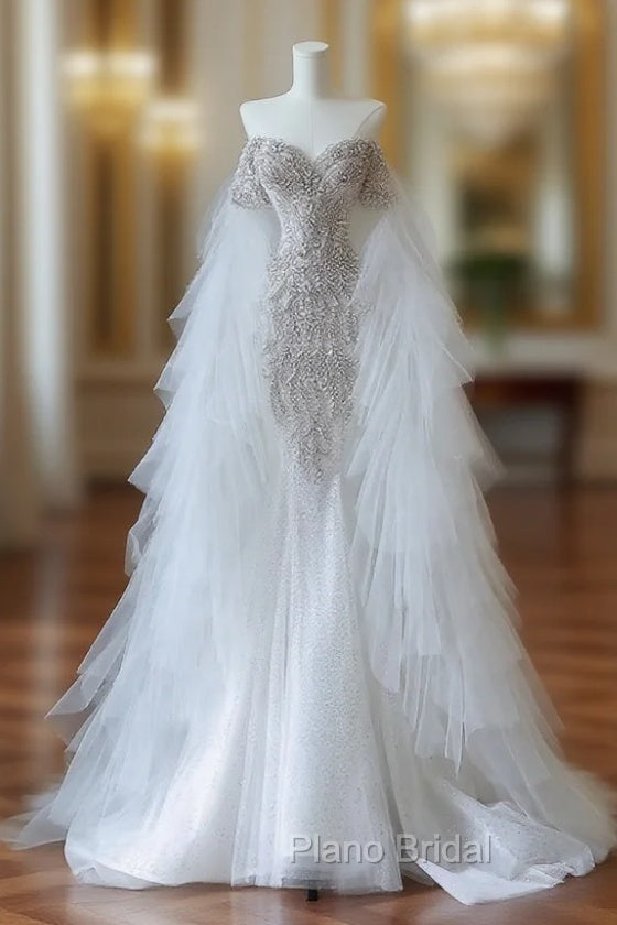 Modest Mermaid Off The Shoulder White Tulle Long Wedding Dresses Brides Dresses Ss3843 Main image