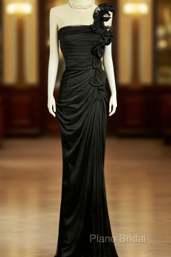 Modest Mermaid One Shoulder Black Satin Long Formal Prom Dresses Party Dresses Main image