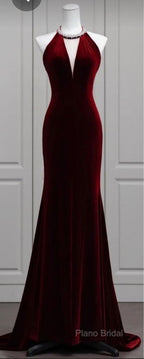 Modest Mermaid Scoop Neckline Burgundy Velvet Long Party Dresses Formal Prom Dresses