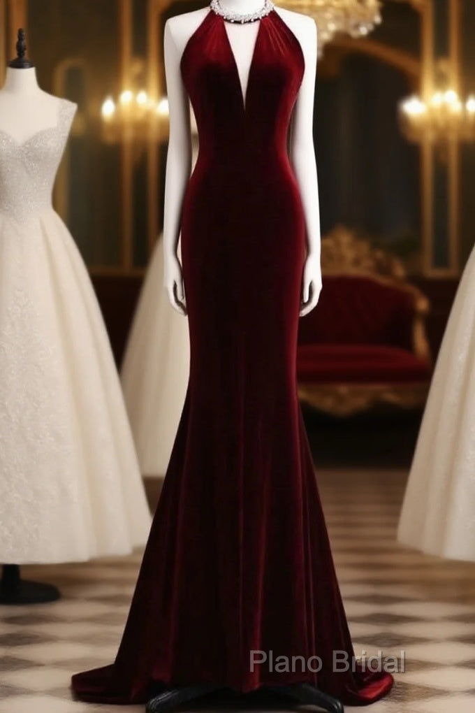 Modest Mermaid Scoop Neckline Burgundy Velvet Long Party Dresses Formal Prom Dresses Main image