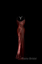Modest Mermaid Spaghetti Straps Burgundy Formal Prom Dresses Ruffle Long Party Dresses