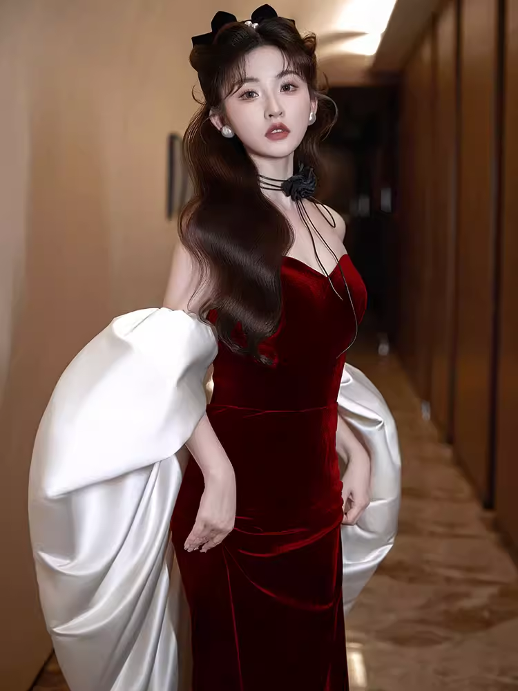 Modest Mermaid Strapless Burgundy Long Formal Prom Dresses Secondary image