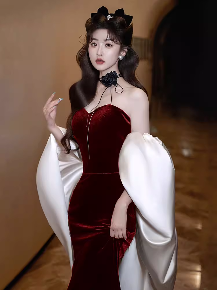 Modest Mermaid Strapless Burgundy Long Formal Prom Dresses