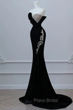Modest Mermaid Strapless Black Long Floor Length Beads Formal Prom Dresses