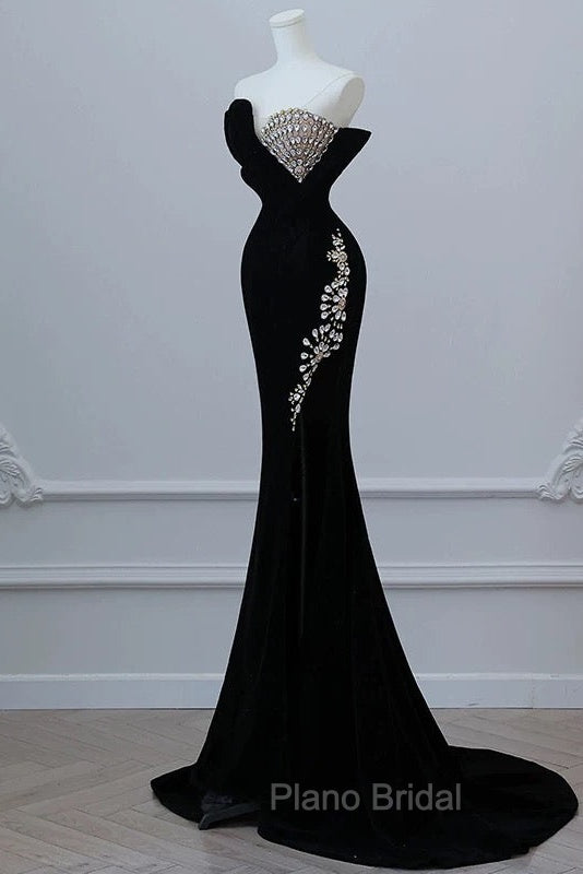 Modest Mermaid Strapless Black Long Floor Length Beads Formal Prom Dresses