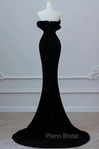 Modest Mermaid Strapless Black Long Floor Length Beads Formal Prom Dresses