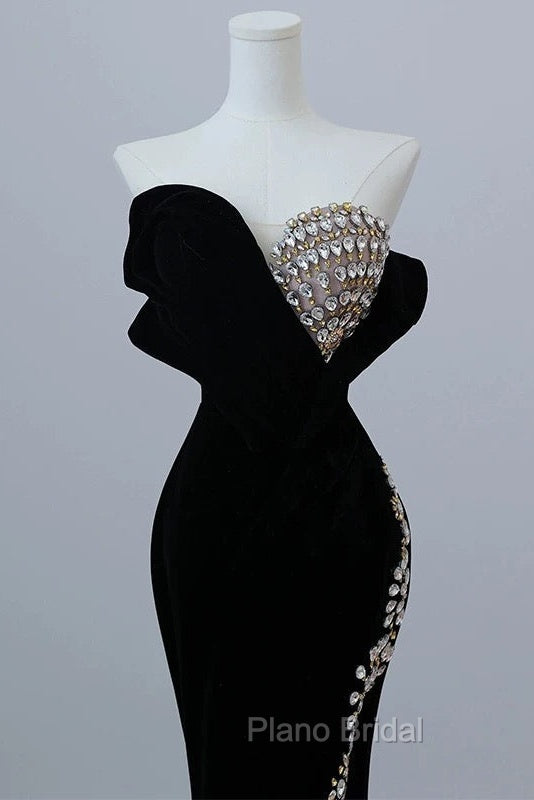 Modest Mermaid Strapless Black Long Floor Length Beads Formal Prom Dresses