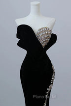 Modest Mermaid Strapless Black Long Floor Length Beads Formal Prom Dresses