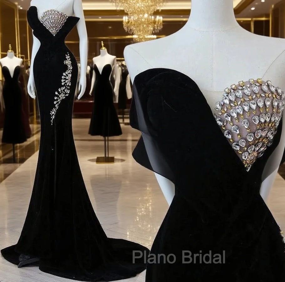 Modest Mermaid Strapless Black Long Floor Length Beads Formal Prom Dresses Main image