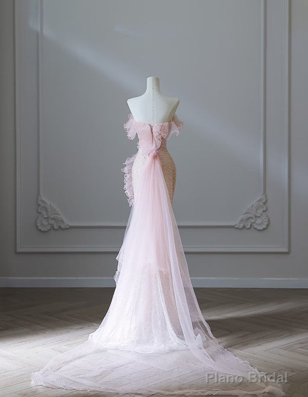Modest Mermaid Strapless Pink Tulle Flowers Evening Dress Long Prom Dresses Secondary image