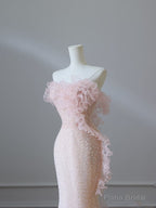 Modest Mermaid Strapless Pink Tulle Flowers Evening Dress Long Prom Dresses