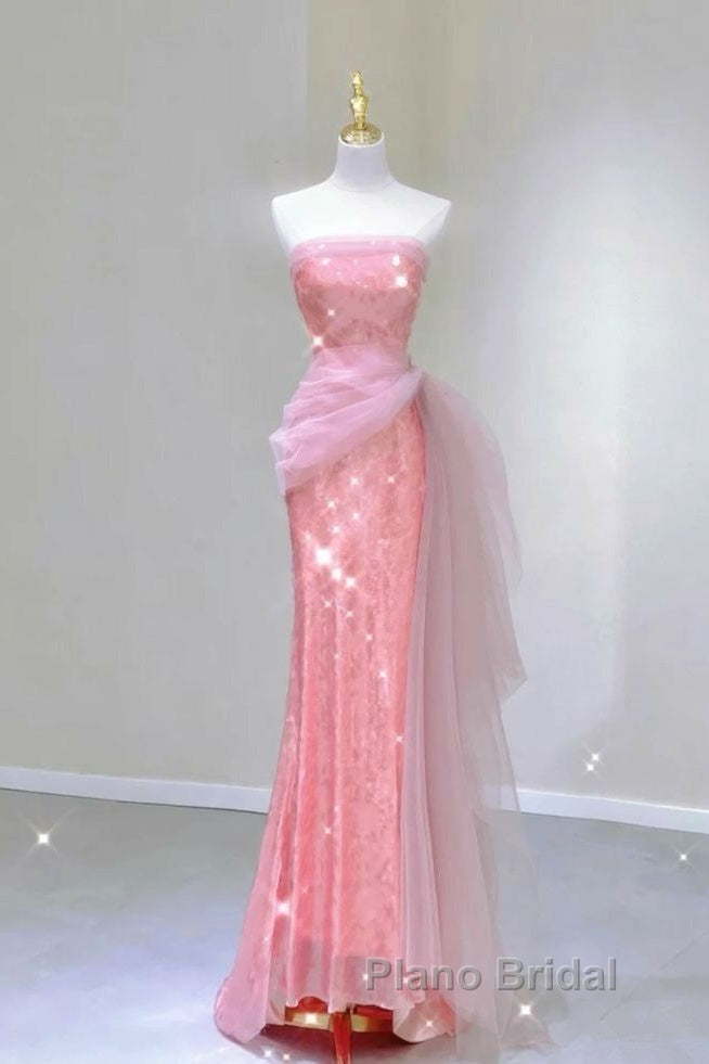 Modest Mermaid Strapless Pink Tulle Ruffles Long Party Dresses Formal Prom Dresses Secondary image
