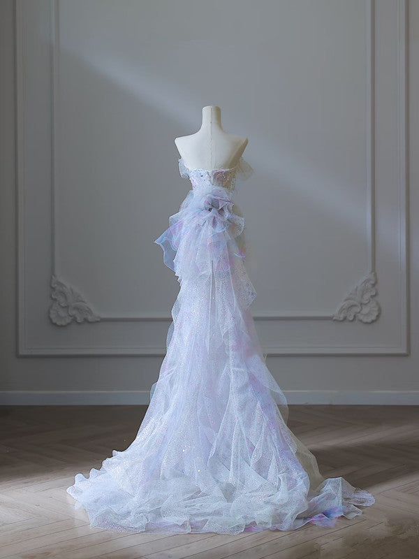 Modest Mermaid Strapless Tulle Flowers Formal Evening Dresses Long Formal Prom Dresses