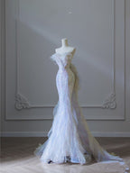 Modest Mermaid Strapless Tulle Flowers Formal Evening Dresses Long Formal Prom Dresses