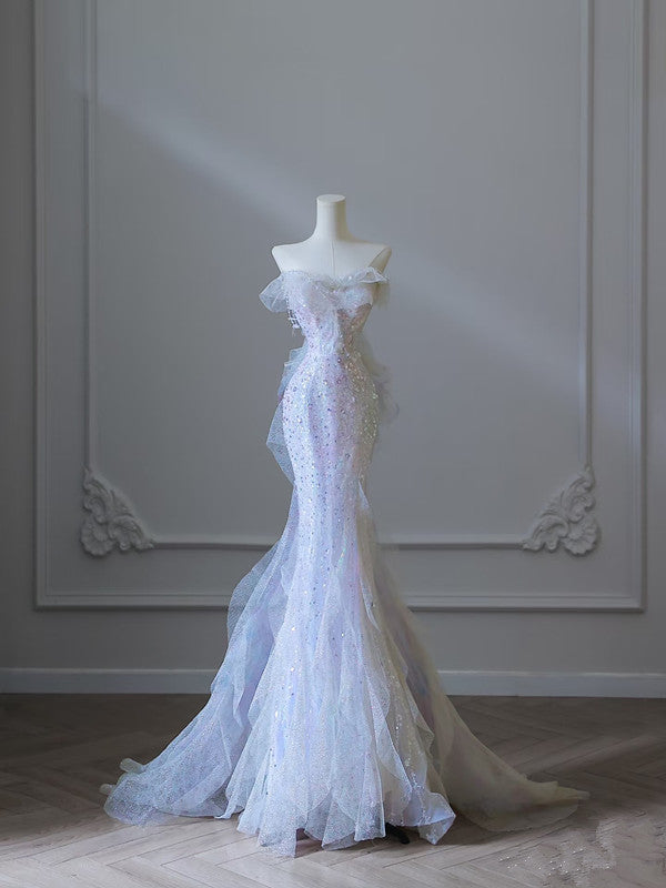 Modest Mermaid Strapless Tulle Flowers Formal Evening Dresses Long Formal Prom Dresses Main image