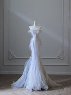 Modest Mermaid Strapless Tulle Flowers Formal Evening Dresses Long Formal Prom Dresses