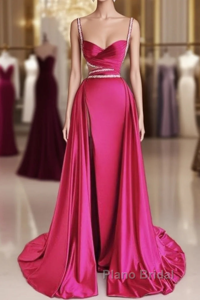 Modest Mermaid Straps Long Hot Pink Slit Satin Formal Prom Dresses