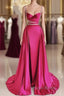 Modest Mermaid Straps Long Hot Pink Slit Satin Formal Prom Dresses