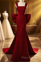 Modest Mermaid Straps Long Sleeveless Red Formal Prom Dresses