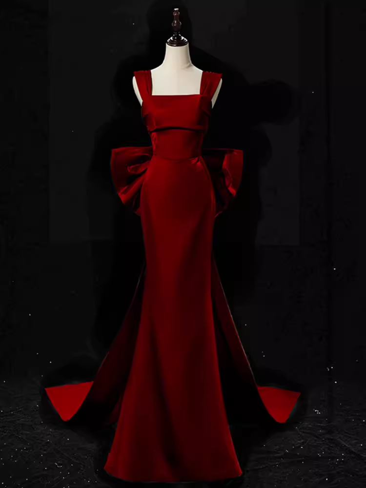 Modest Mermaid Straps Long Sleeveless Red Formal Prom Dresses Main image