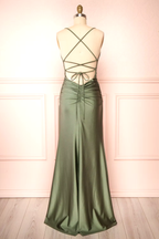 Modest Mermaid Straps Sage Green Slit Long Formal Prom Dresses