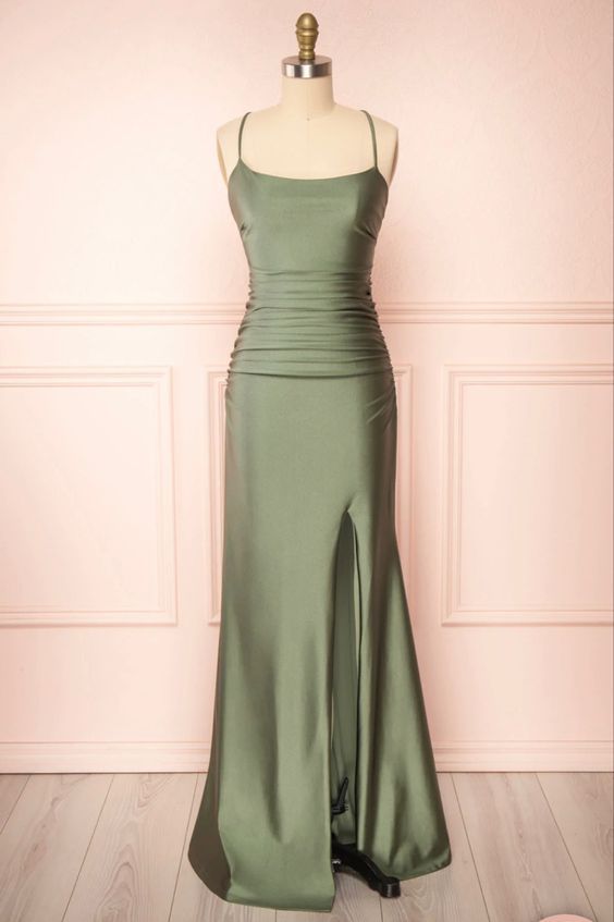 Modest Mermaid Straps Sage Green Slit Long Formal Prom Dresses