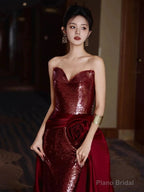 Modest Mermaid Sweetheart Burgundy Floor Length Evening Dress Sequin Prom Dresses