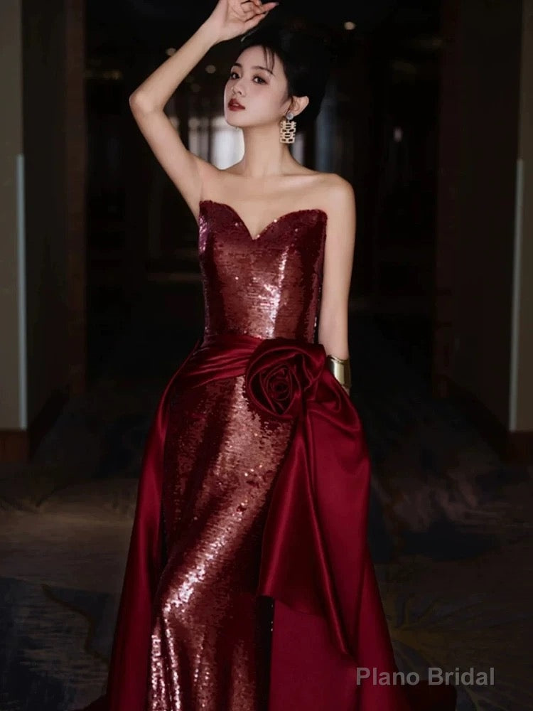 Modest Mermaid Sweetheart Burgundy Floor Length Evening Dress Sequin Prom Dresses