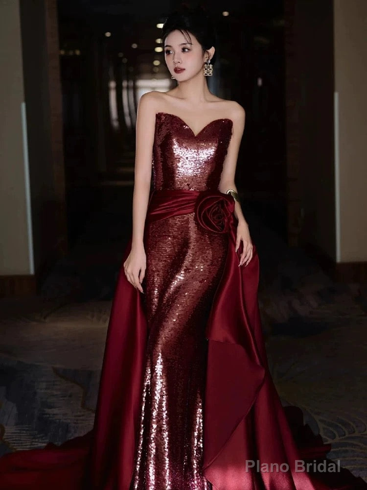 Modest Mermaid Sweetheart Burgundy Floor Length Evening Dress Sequin Prom Dresses Main image