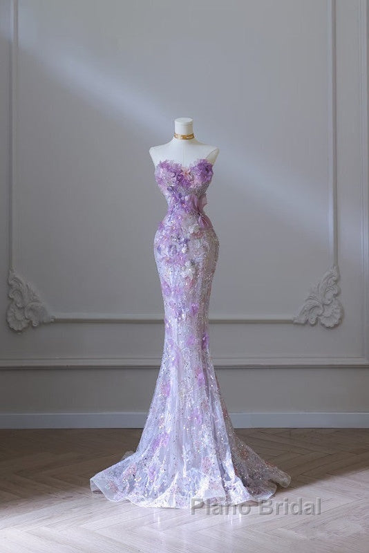Modest Mermaid Sweetheart Lilac Tulle Sequin Flowers Evening Dresses Long Formal Prom Dresses Secondary image