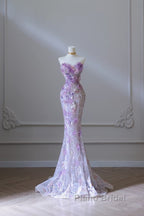 Modest Mermaid Sweetheart Lilac Tulle Sequin Flowers Evening Dresses Long Formal Prom Dresses