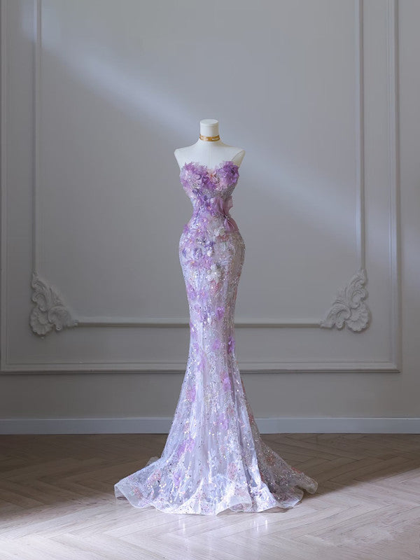 Modest Mermaid Sweetheart Lilac Tulle Sequin Flowers Formal Evening Dresses Long Formal Prom Dresses Main image