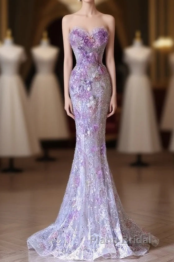Modest Mermaid Sweetheart Lilac Tulle Sequin Flowers Evening Dresses Long Formal Prom Dresses