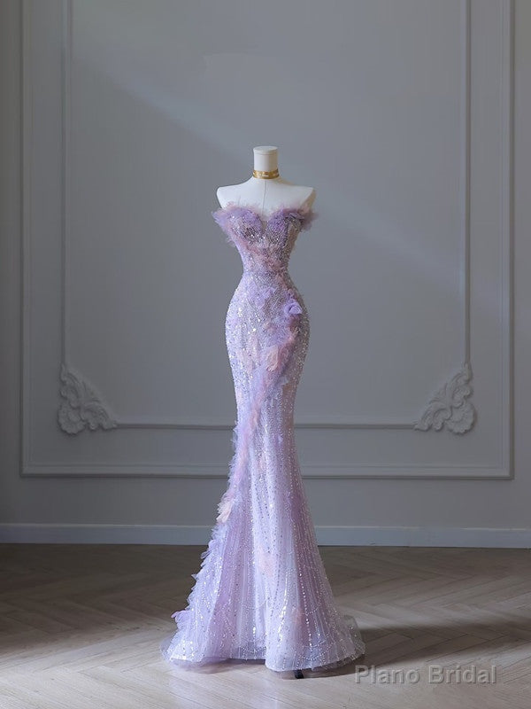 Modest Mermaid Sweetheart Lilac Tulle Sequin Flowers Evening Dress Prom Dresses Secondary image