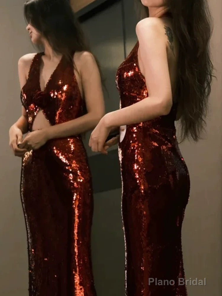 Modest Mermaid V Neckline Burgundy Floor Length Evening Dress Sequin Prom Dresses