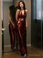 Modest Mermaid V Neckline Burgundy Floor Length Evening Dress Sequin Prom Dresses