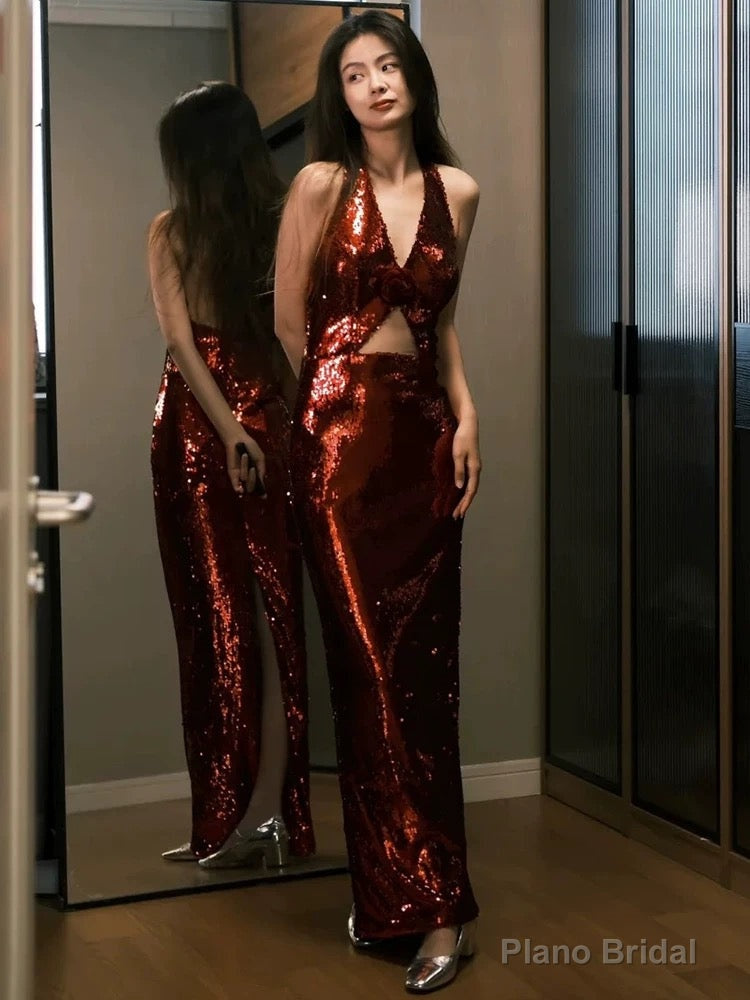 Modest Mermaid V Neckline Burgundy Floor Length Evening Dress Sequin Prom Dresses