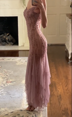 Modest Mermaid V Neckline Pink Chiffon Ruffles Long Party Dresses Formal Prom Dresses