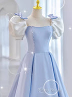 Modest Princess Short Sleeves Long Blue Satin Formal Prom Dresses