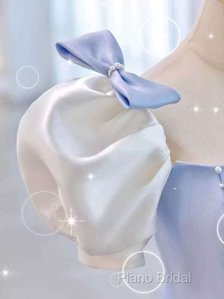 Modest Princess Short Sleeves Long Blue Satin Formal Prom Dresses